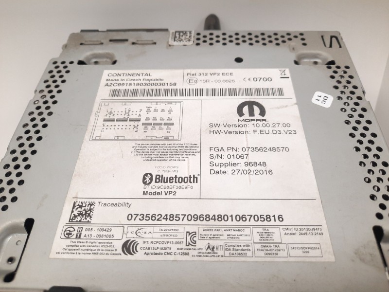 Recambio de sistema audio / radio cd para fiat 500 312 referencia OEM IAM 07356248570 A2C9915190300030158 FEUD3V23