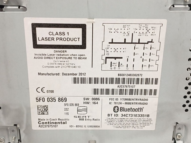 Recambio de sistema audio / radio cd para seat leon (5f1) 1.6 tdi referencia OEM IAM 5F0035869 A2C37975107 