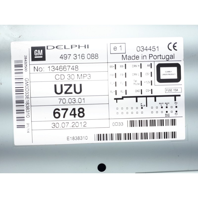 Recambio de sistema audio / radio cd para opel corsa d corsavan referencia OEM IAM 13466748 497316088 