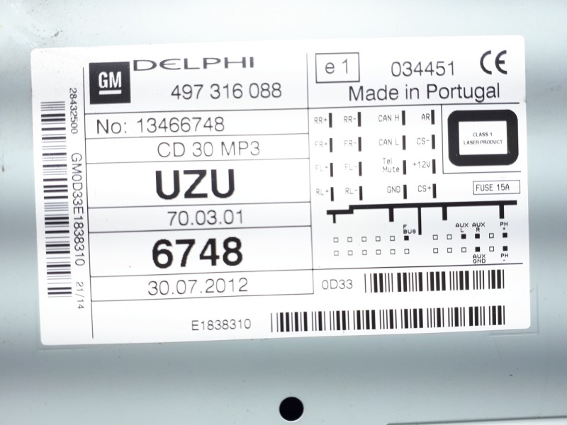 Recambio de sistema audio / radio cd para opel corsa d corsavan referencia OEM IAM 13466748 497316088 