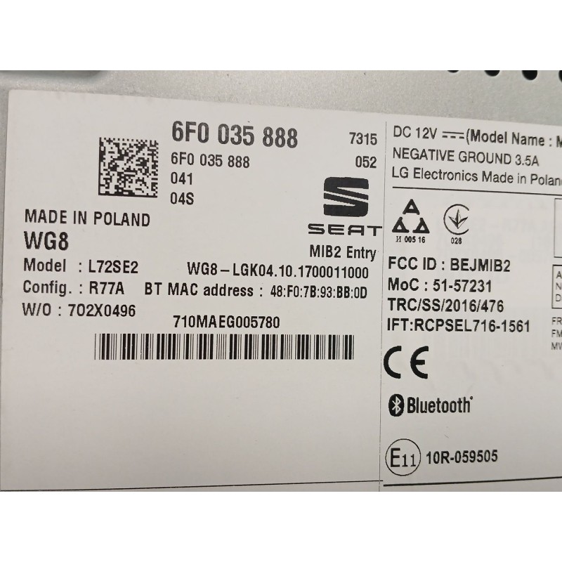 Recambio de sistema audio / radio cd para seat ibiza v (kj1, kjg) 1.6 tdi referencia OEM IAM 6F0035888  